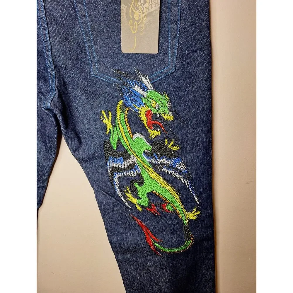 Vintage Y2K Ed Hardy Jeans Studded Embroidered Japanese Dragon Grunge Streetwear